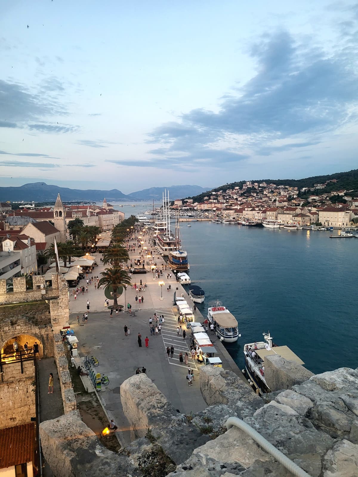 Panoramic view from Kamerlengo Fortress over Trogir old town and the Adriatic Sea